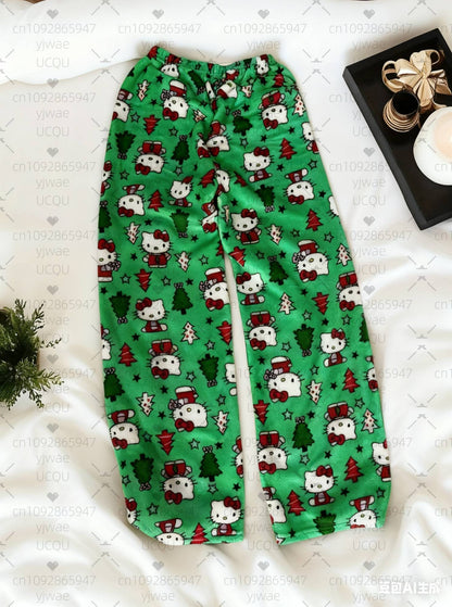 2025 Winter Women Hello Kitty Christmas Tree plush Pajama Pants Soft Trousers Cute Women Casual Home Anime Cartoon  Pajama Pants