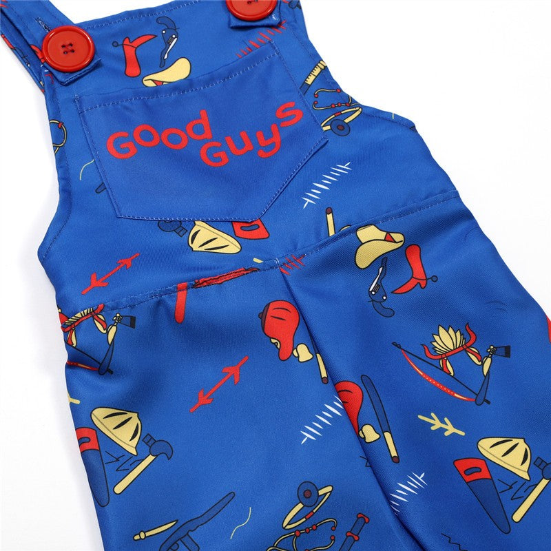 Unisex Chucky Scary Halloween Role Play Costume with Printed Alphabet Bib Pants Gift Scar Sticker Gift Holiday Party Dress Up