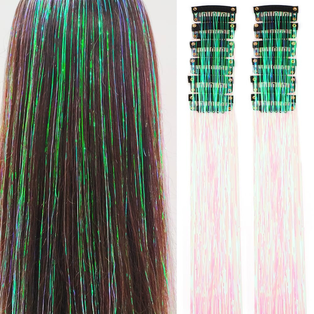 Pacote de 12 Unidades de Cabelo Extensor com Presilha, Tinsel Colorido com Brilho, Extensões de Cabelo de Fada, Acessório Cintilante para Festa de Mulheres, Meninas e Crianças