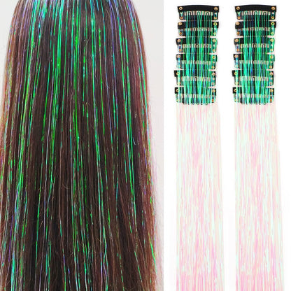 Pacote de 12 Unidades de Cabelo Extensor com Presilha, Tinsel Colorido com Brilho, Extensões de Cabelo de Fada, Acessório Cintilante para Festa de Mulheres, Meninas e Crianças