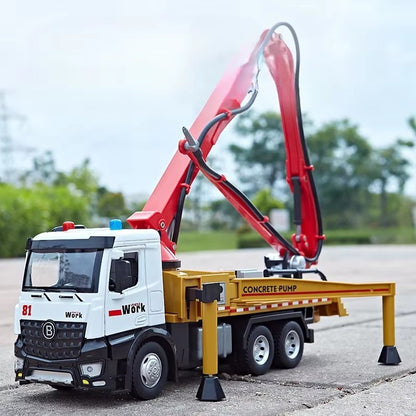 Caminhão de Bomba de Cimento com Reboque de Plataforma Elétrica 1:24, Brinquedos de Modelo, Carro de Liga Fundida, Portas Abríveis, Luz e Som, Veículo Presente para Menino