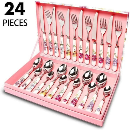 Conjunto de Talheres de 24 Peças com Cabo de Cerâmica e Facas, Garfos e Colheres de Aço Inoxidável em Caixa de Presente para Utensílios de Mesa e Jantar