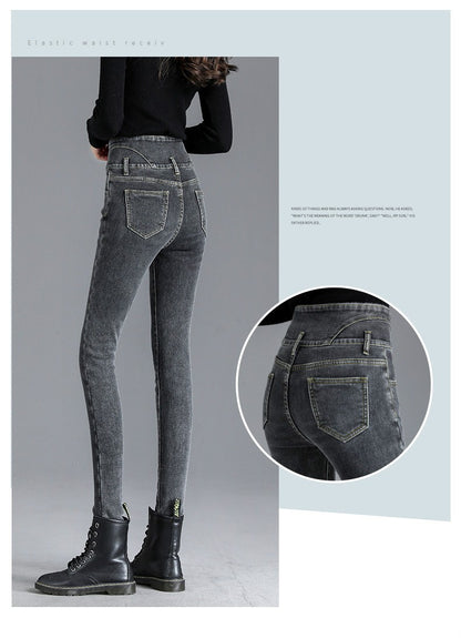Autumn Winter Skinny Jeans Fashion Women Thermal Fleece High Waist Stretch Warm Pencil Pants Casual Velvet Button Denim Pant