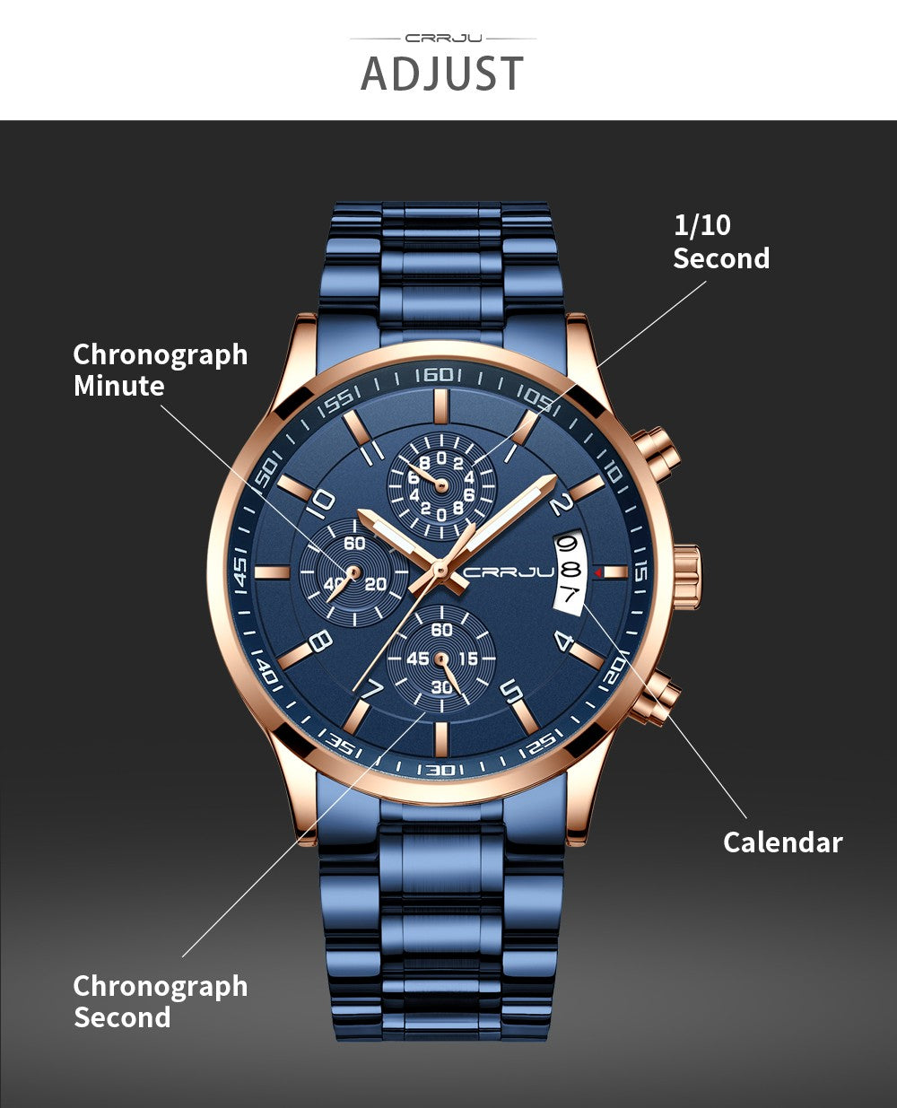 CRRJU Men Quartz Wristwatches Luxury Brand Sporty Chronograph Watches with 316 Stainless Steel Luminous Hands Male Clock Red