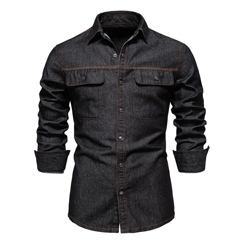 New Autumn 100% Cotton Mens Denim Shirts Solid Color Long Sleeve Cowboy Shirt Coat Fashion Casual Jean Shirt for Men