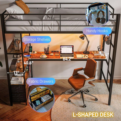 Metal Loft Bed Twin Size with L-Shaped Desk, LED Lights, Charging Station,Twin Loft Bed Frame with Drawers,Guardrail, Noise Free