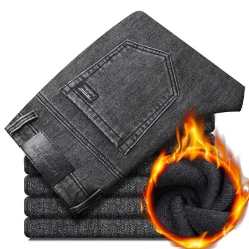 Calça Jeans Masculina de Inverno Slim Reta Elástica Jeans Casual Masculino Roupa Moda Calça Pelúcia Nova Moda Jeans Quente