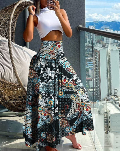 Plus Size European and American Cross-border Summer New Fashion Print High Waist Slim Skirt
