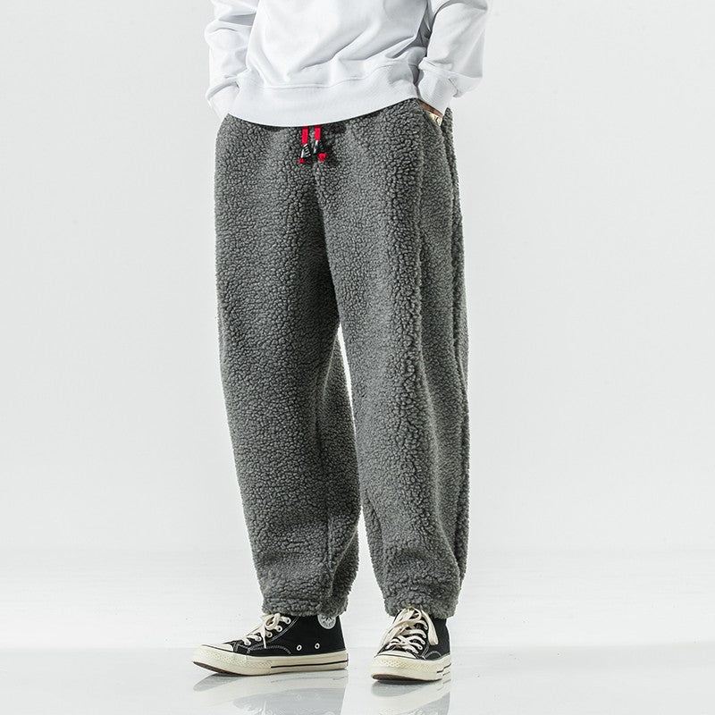 Winter Men's Lamb Wool Casual Pants Fleece Warm Elastic Waist Sweatpants Solid Thick Harem Pants Male Vintage Joggers Trousers