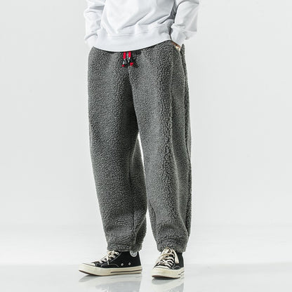 Winter Men's Lamb Wool Casual Pants Fleece Warm Elastic Waist Sweatpants Solid Thick Harem Pants Male Vintage Joggers Trousers
