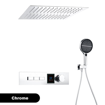 Sistema de chuveiro de latão Gunmetal luxuoso para banheiro com display de temperatura LED embutido no teto, 2 funções (chuva/cascata)