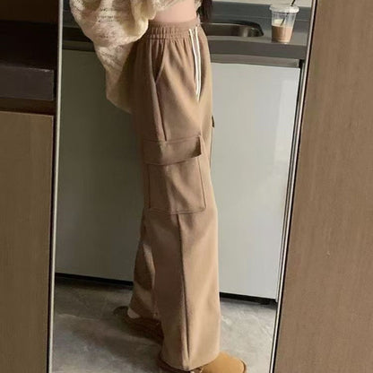 Winter Thick Fleece Women's Pants Casual Matching Cargo Pants Chic Sportswear Drawstring Straight Pants Lady's Trousers Pocket