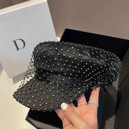 Chapéu Elegante com Strass em Malha Preto Versão Coreana de Alta Qualidade Moda Leve Luxo Estilo Pequeno e Perfumado Chapéu de Aba Reta Bico de Pato