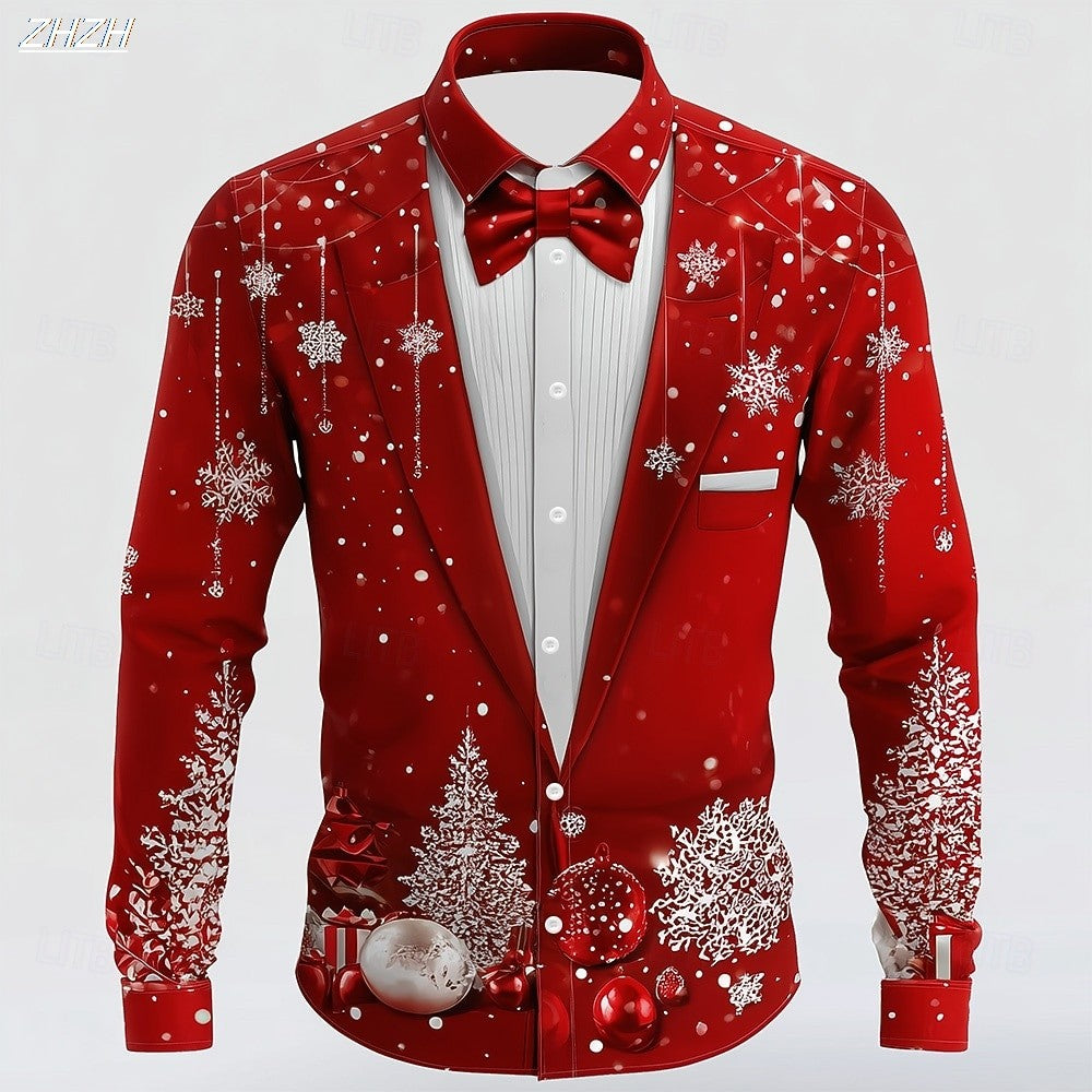 Men's Christmas Snowflake Tuxedo Shirt, 3D Printed Tie Design, Funny Costume Attire,Holiday Party Wear, Spring Fall Formal Style