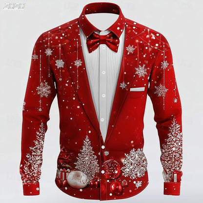 Men's Christmas Snowflake Tuxedo Shirt, 3D Printed Tie Design, Funny Costume Attire,Holiday Party Wear, Spring Fall Formal Style