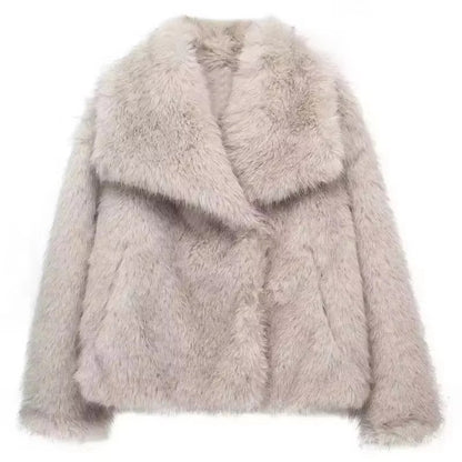HH Women Elegant Faux Fur Coat Warm Fluffy Loose Long Sleeve Lapel Jacket Autumn Winter Fashion High Street Lady Outerwear