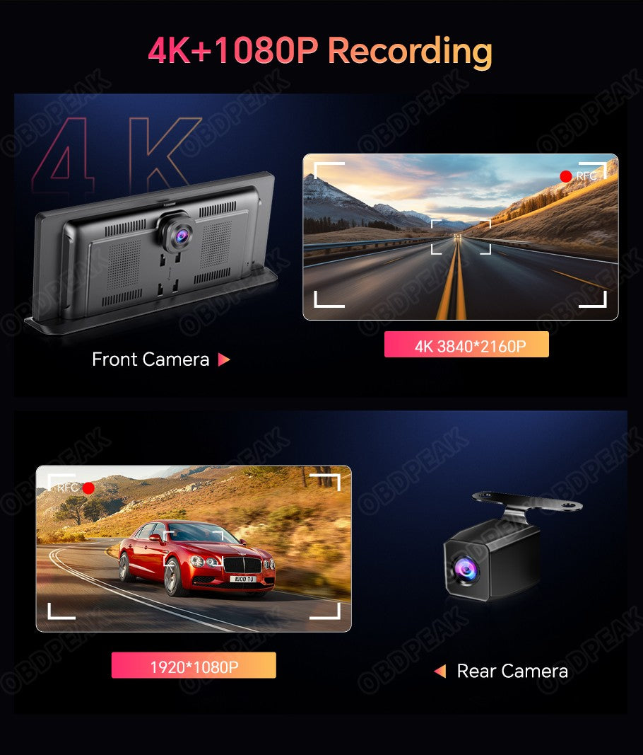 K2 Pro 11.3" DVR Automotivo 4K Câmera Sem Fio Carplay Android Auto Tela AI Câmera de Painel Gravador de Vídeo de Lente Dupla GPS de Navegação de Painel