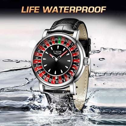 LIGE Quartz Man Watch Fashion Luxury Creative Roulette Game Dial Design Leather Casual Life Waterproof Watches for Men Gifts+Box