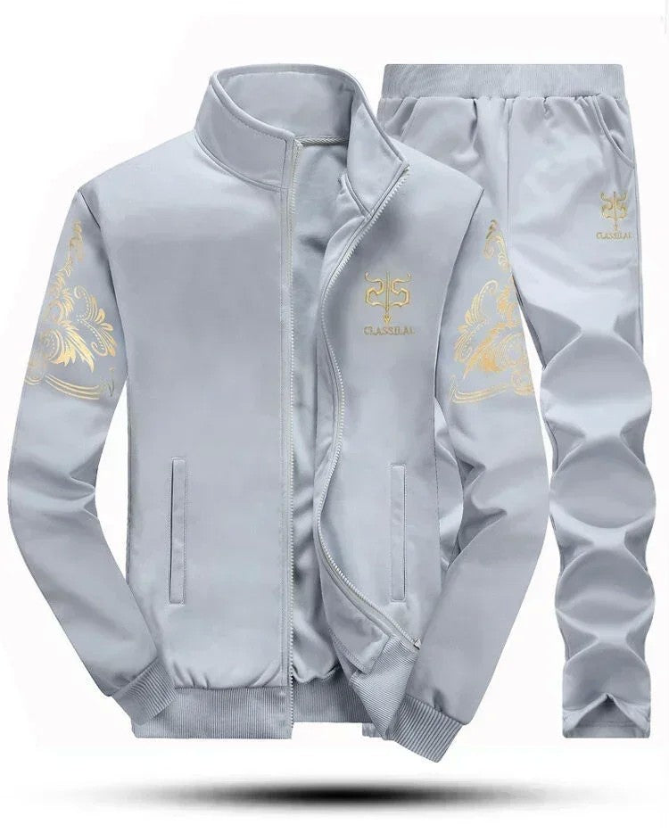 Winter Men's Sports Suit with Fleece and Warm Standing Collar Jacket+men's Drawstring Sports Pants Fashionable Printed Men's Set