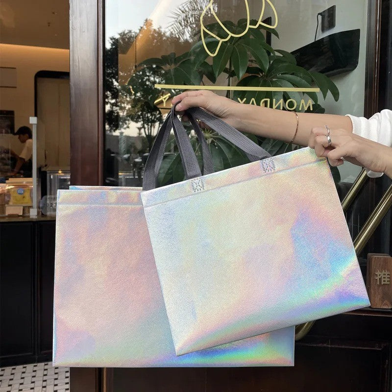 10Pcs Reusable Silver Laser Tote Bag Durable Non Woven Gift Shopping Bag for Wedding Bridesmaid Party Birthday Eco Friendly