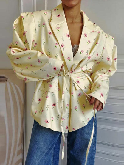Lace Up Shoulder Pad Blazer Coat Women Elegant Turn-down Collar Long Sleeve Pockets Slim Fit Coats Chic Ladies Commute Outerwear