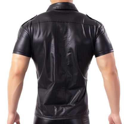 Mens Shirts Faux Leather T Shirts Nightclub Stage Costumes Short Sleeve Button Up Shirt PU Leather Latex Wetlook Dance Clubwear