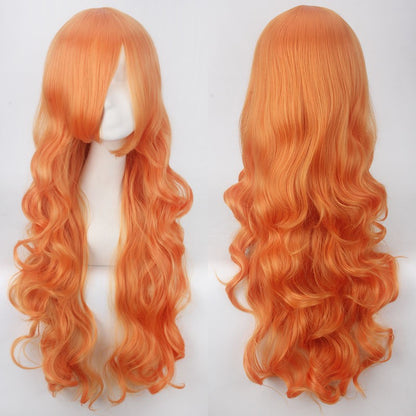 Peruca de anime colorida estilo cosplay europeu e americano, com rede de fivela para comércio exterior, universal, 80CM de comprimento, encaracolada de fibra sintética