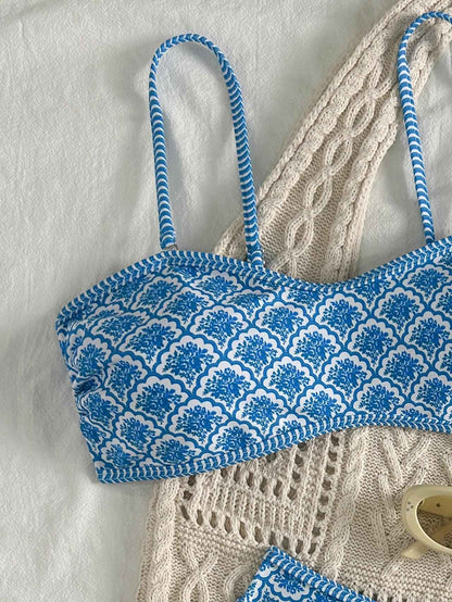 Sexy Bandeau Bikini 2025 Women Green Floral Pleate Push Up Padded Thong Swimsuit Summer Bathing Suit Two Piece Swimwear Biquini