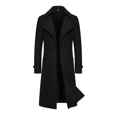 Men Overcoat Double-breasted Slim Fit Mid Length Long Sleeve Thick Windproof Warm Soft Cardigan Buttons Lapel Men Long Coat