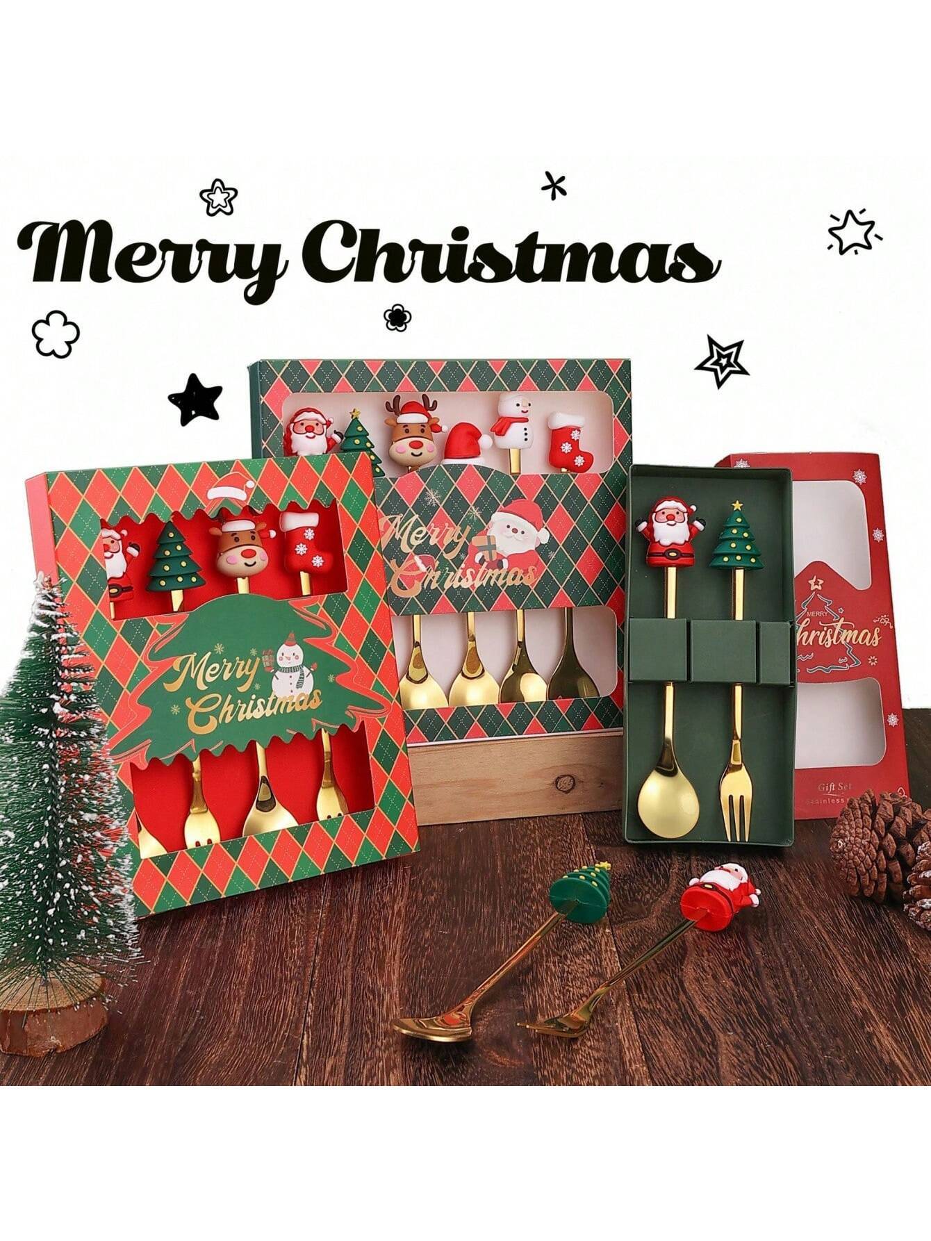 Christmas Spoon And Fork Sets Stainless Steel Tableware Coffee Tea Dessert Spoon And Fork Xmas Gifts For Guest New Year Gifts