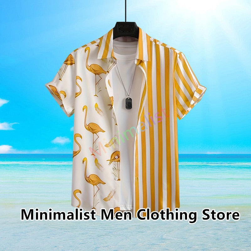 2023 Leaf and Flamingo Print Shirt For Men Hawaiian Shirt Casual Beach Short Sleeve Fashion Tops Male Blouse Summer Clothing