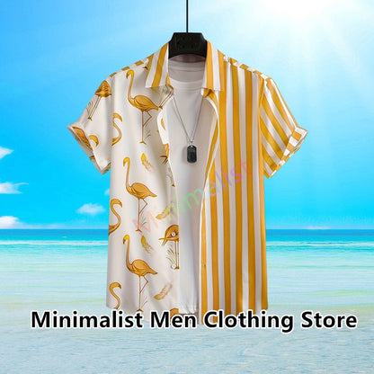 2023 Leaf and Flamingo Print Shirt For Men Hawaiian Shirt Casual Beach Short Sleeve Fashion Tops Male Blouse Summer Clothing