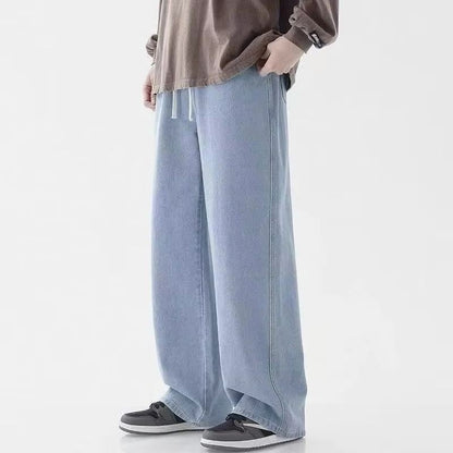 Casual Outdoor Men's Jeans Elastic Waist Loose Fit Long Pants Spring Autumn Workwear Comfortable Straight Leg Blue Denim