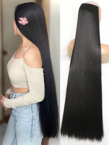 Aosiwig Sintético Super Longo Liso 100cm 5 Presilhas Extensão de Cabelo Natural Preto Loiro Aplique Postiço para Mulheres