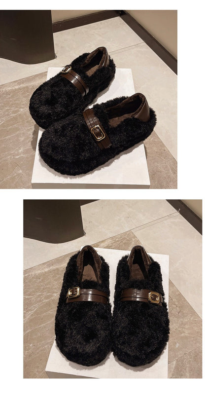 Women Warm Fur Flats Shoes 2025 Autumn Winter Vintage Fashion Shallow Mouth Buckle Ladies Comfort Loafers Shoes Zapatos Mujer