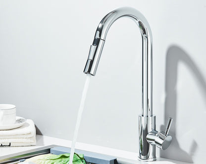 Torneira Misturadora de Cozinha Monocomando Quente e Frio com Bico Extensível e Duas Funções, Montada na Bancada