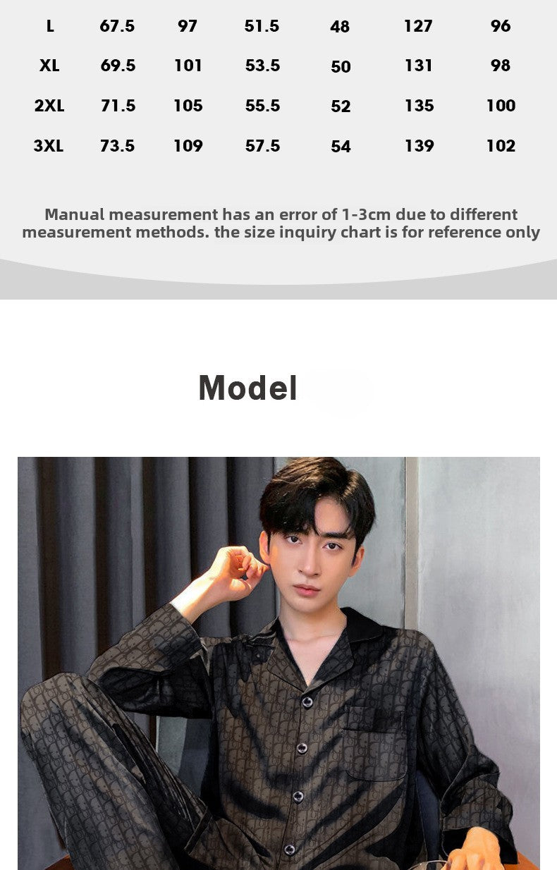 Plus Size Men's Pajama Suit Long Sleeve Silk Jacquard Pattern Premium Black Suit Lapel Top Long Pants Sleepwear Loungewear