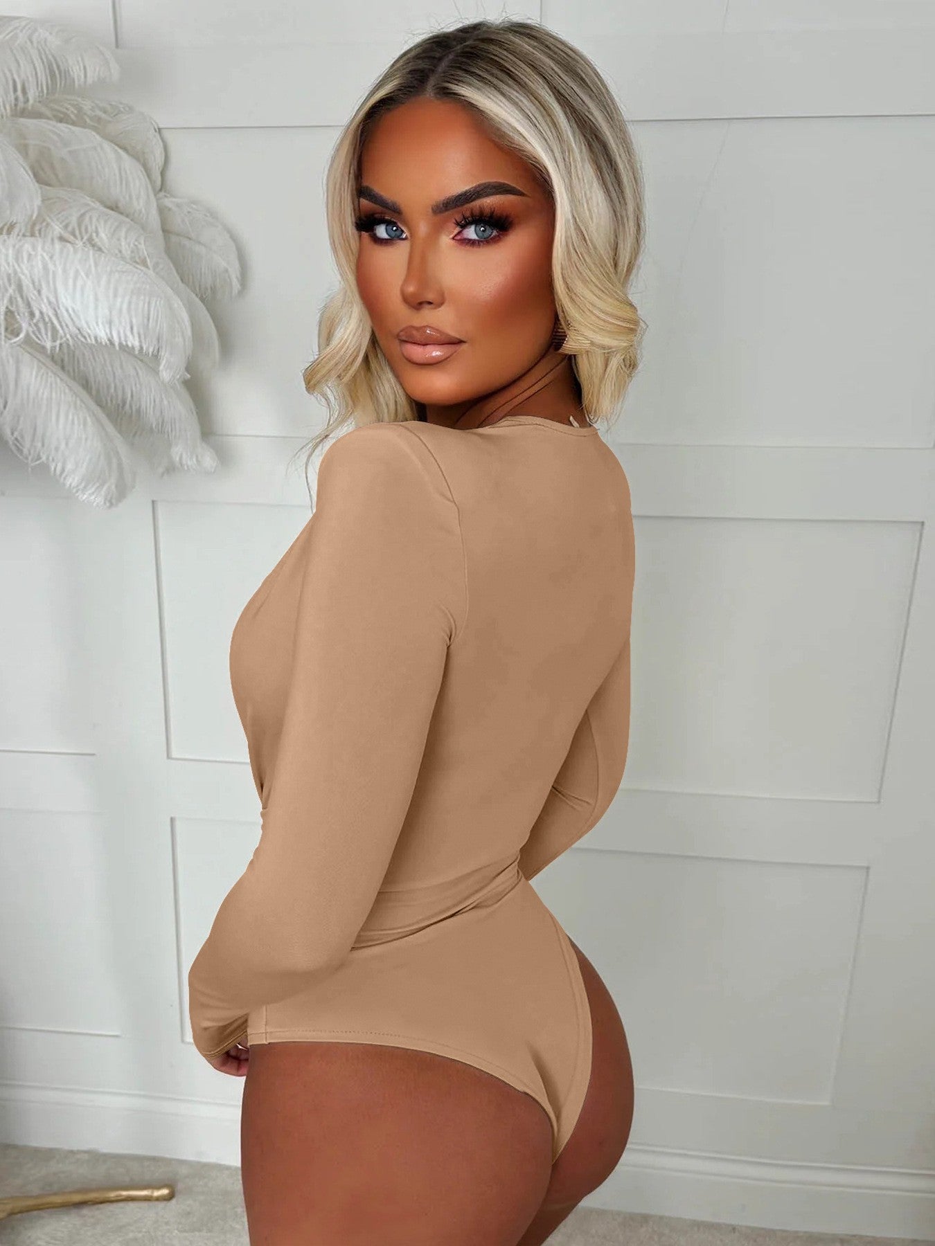 2025 Spring Autumn Deep V Neck Long Sleeve Bodysuits Women Fashion Solid Slim Fit Pleated T-Shirt Casual Female Jummsuits Tops