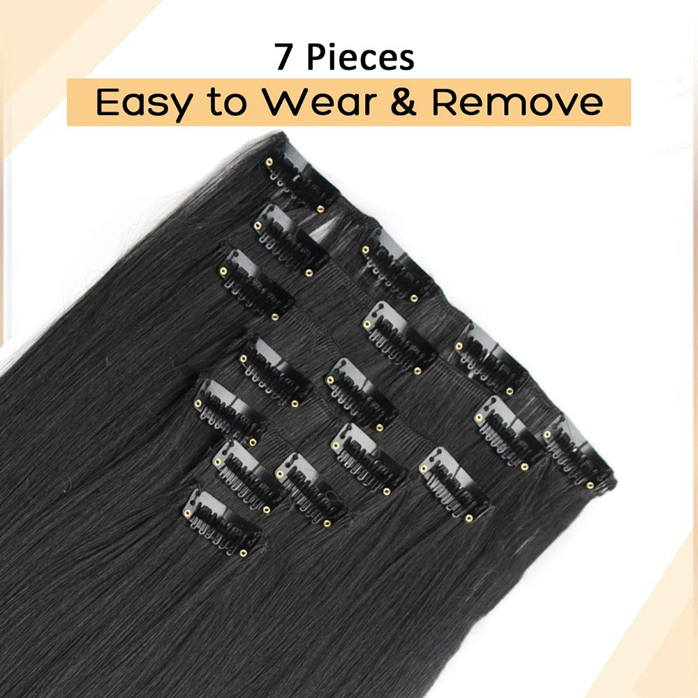 7 peças/conjunto de aplique de cabelo com 16 grampos, preto, longo e liso, cabelo natural, aplique de cabelo ombre, fibra resistente ao calor para penteado feminino