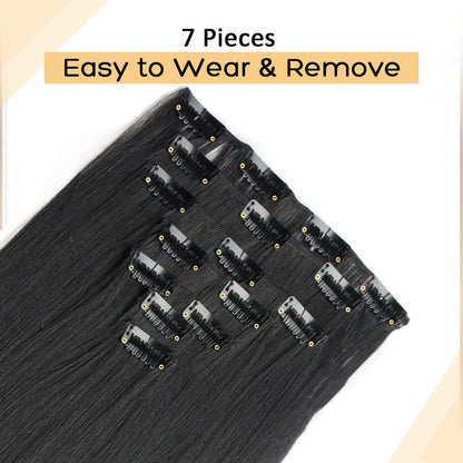7 peças/conjunto de aplique de cabelo com 16 grampos, preto, longo e liso, cabelo natural, aplique de cabelo ombre, fibra resistente ao calor para penteado feminino