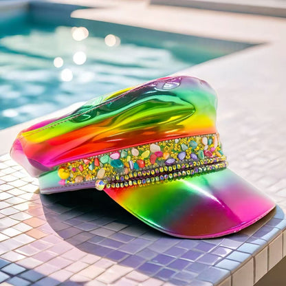 HongLuan Luxury Laser Leather Loop Captain Hat Rhinestone & Military Caps for Woman, Rave Festivals Accessories ? Party Cap Man