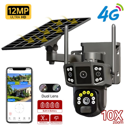 Câmera de segurança externa sem fio WIFI solar V380 Pro 10X 4K de lente dupla, CFTV solar, câmeras solares 4G sim