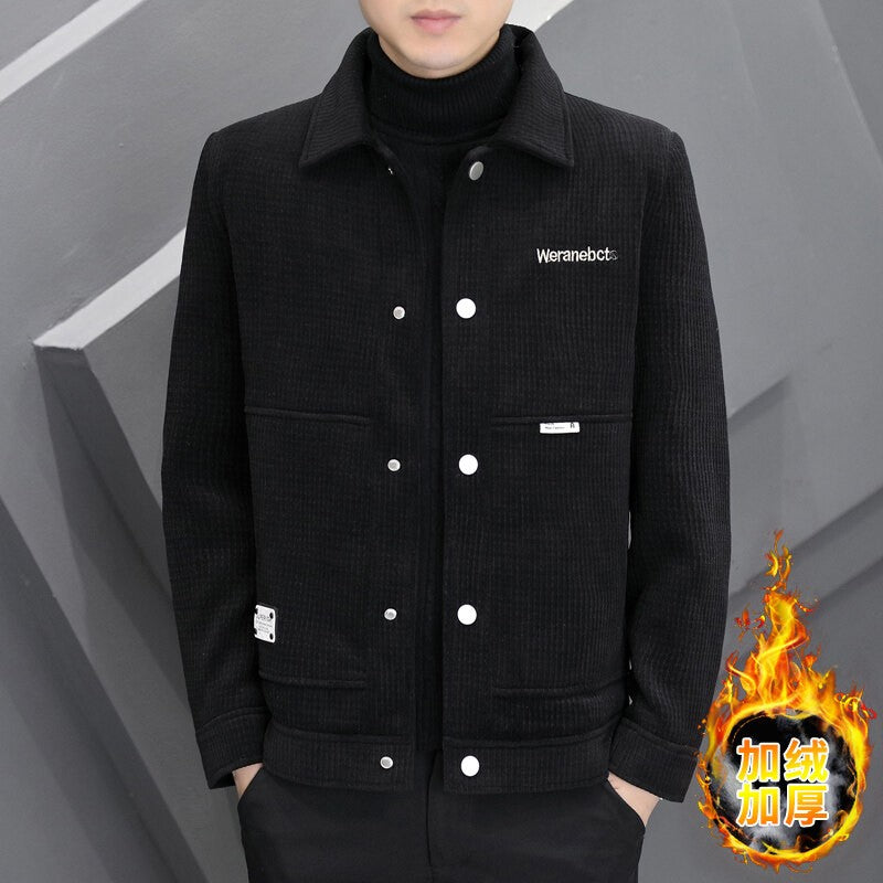 Men's Fleece-Lined Thickened Warm Casual Jacket New Turn-Down Collar Trendy Short Wool Coat Woolen Overcoat