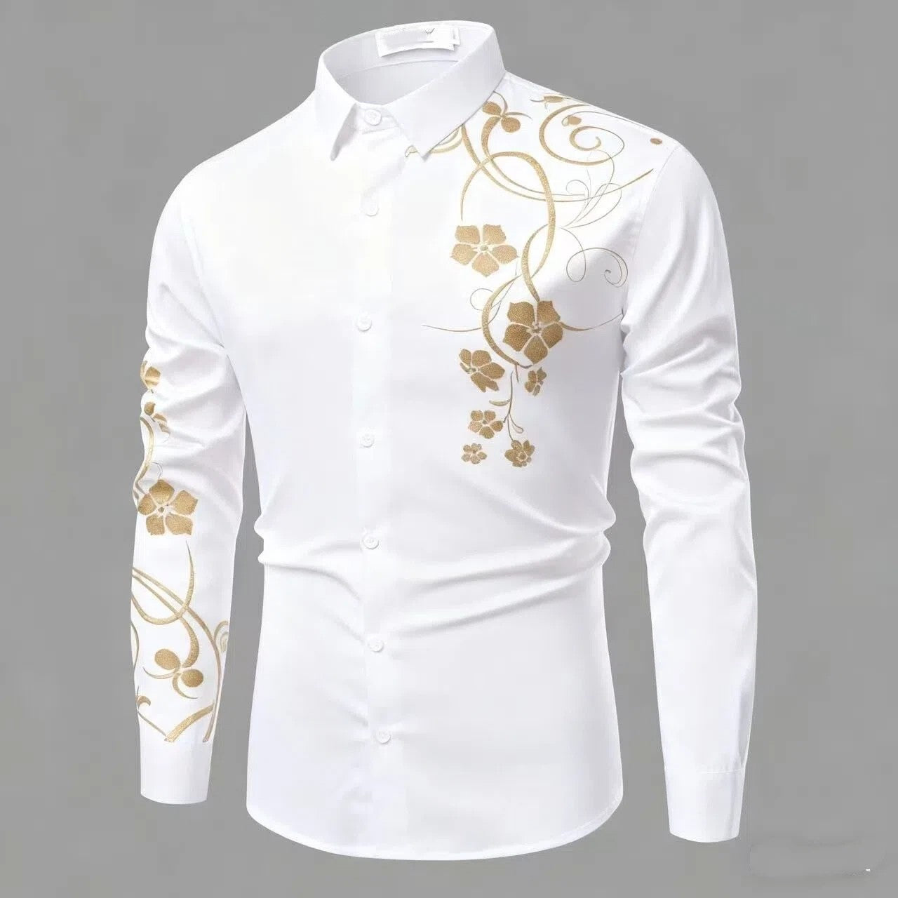 2025 Luxury Gold Flower European and American Popular Printed Long Sleeve Shirt for Luxury Parties Wearing Button Up Top