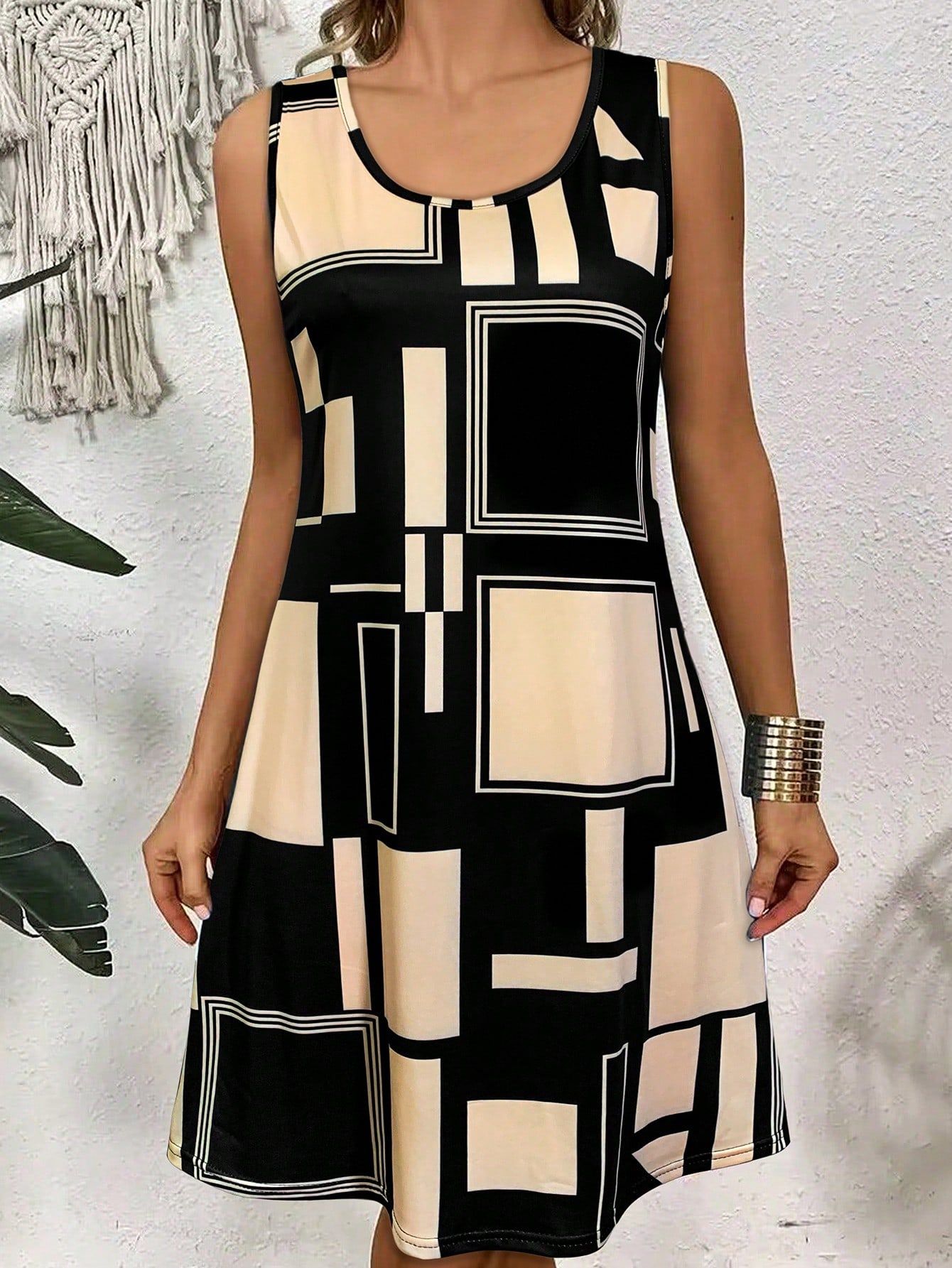 Geometric Pattern Sleeveless Dress For Women‘s Summer Clothes,Black Women Midi