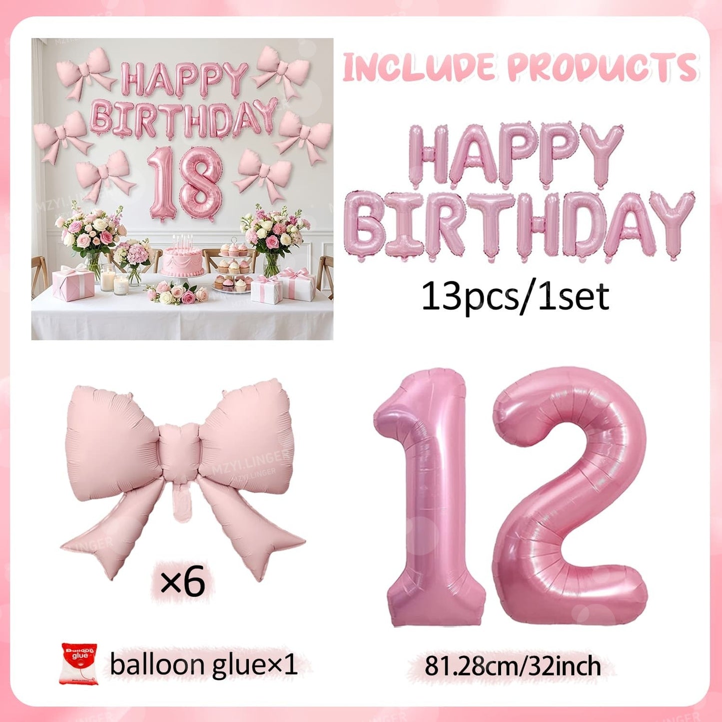 Pink Bow Birthday Balloon Happy Birthday Letter Balloon Used for Wedding, Valentine's Day, Birthday, Proposal Decoration Decor