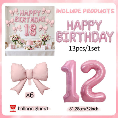 Pink Bow Birthday Balloon Happy Birthday Letter Balloon Used for Wedding, Valentine's Day, Birthday, Proposal Decoration Decor