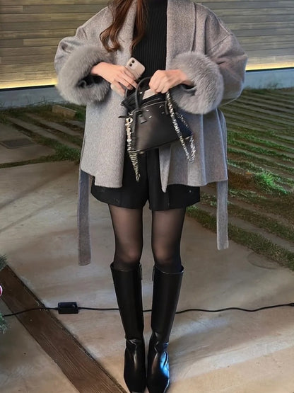 Elegant Lace Up Woolen Overcoat Women Casual Lapel V-neck Full Sleeve Loose Warm Outerwears Lady New Autumn Commute Street Coat