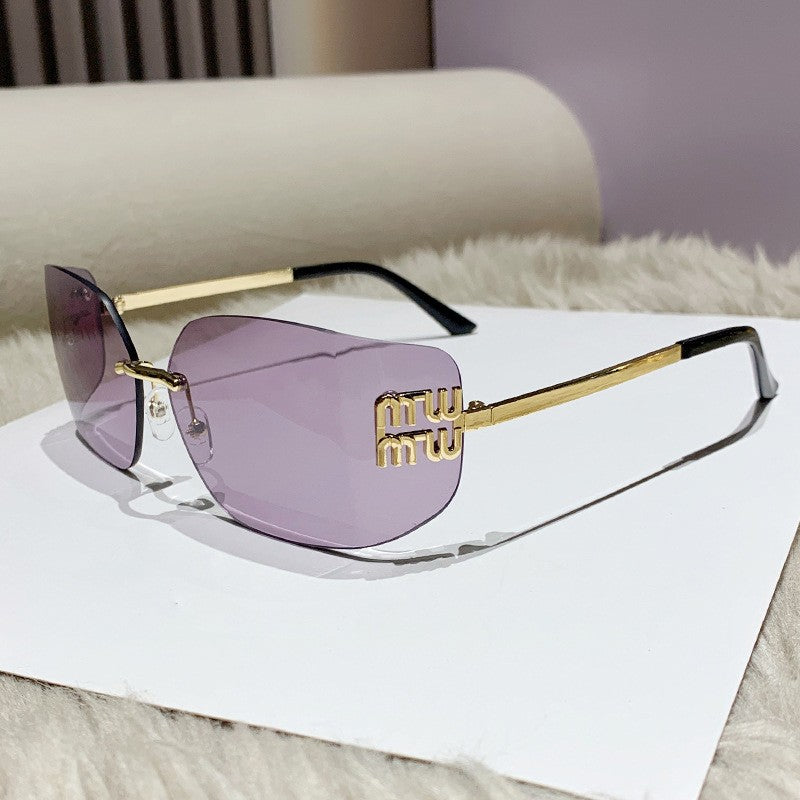 1pc Classic Sun Glasses Female Funky Metal Luxury Rimless Sunglasses Women BrandDesigner Rivets Rectangle Gradient Curved Shades