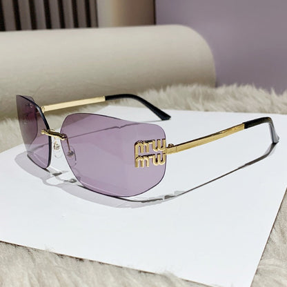 1pc Classic Sun Glasses Female Funky Metal Luxury Rimless Sunglasses Women BrandDesigner Rivets Rectangle Gradient Curved Shades